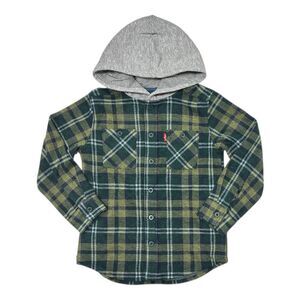 Levi's Boys Warm Regular Fit Button Up Flannel Hooded Overshirt - Green
